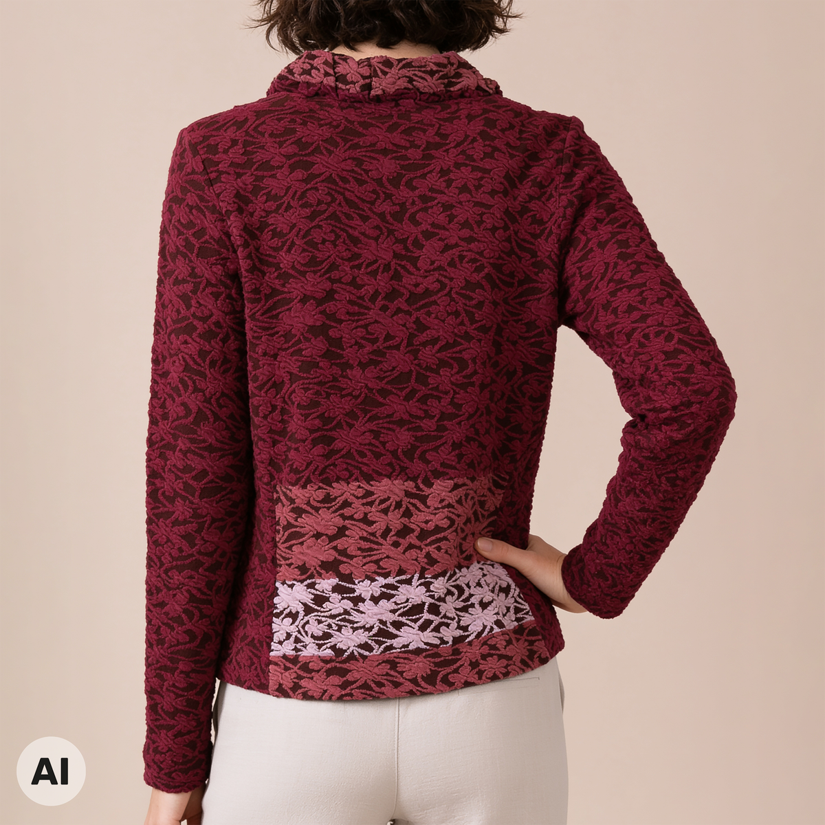 Jacke mit Kragen rosa – Rückansicht, mit KI bearbeitet