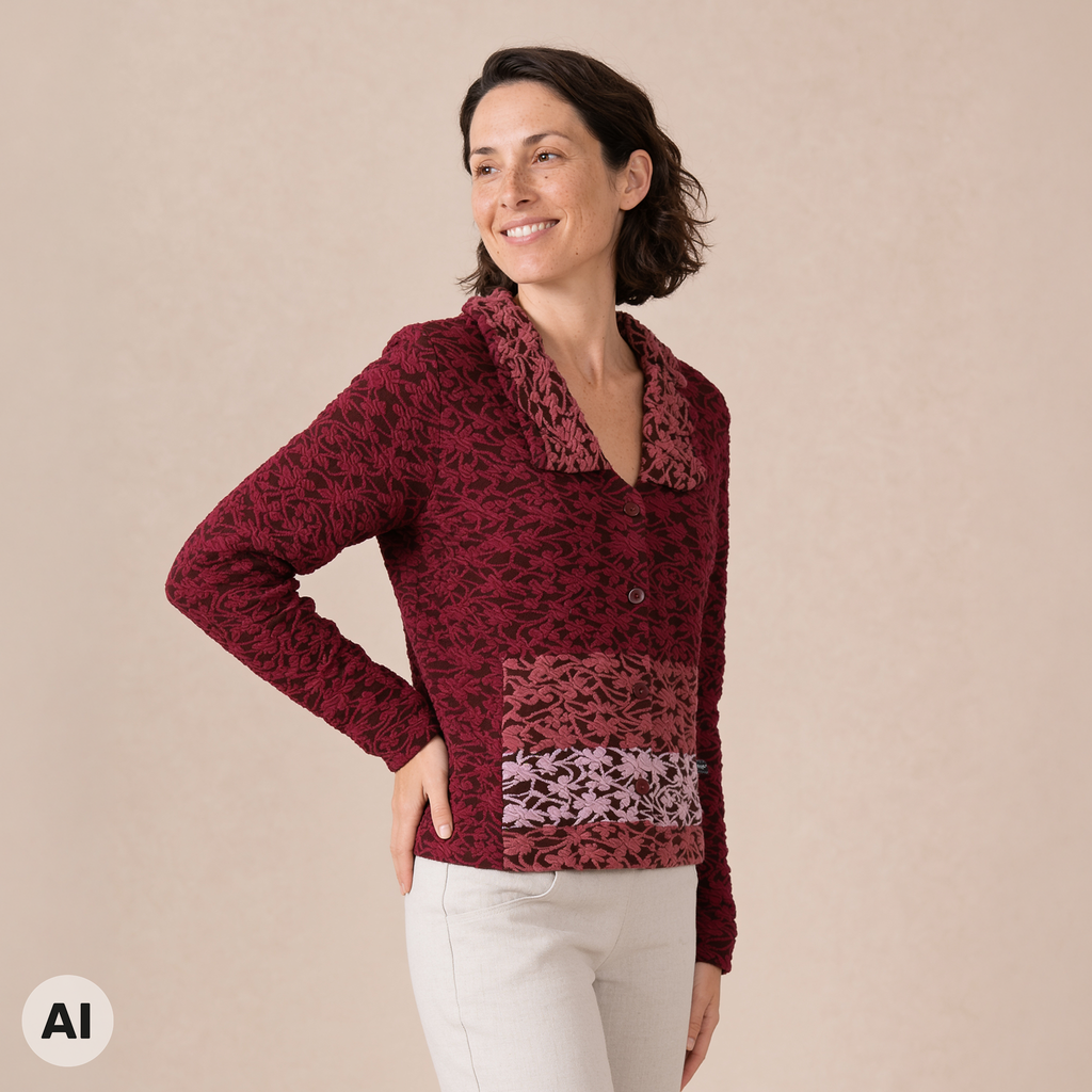 Jacke mit Kragen rosa – Vorderansicht, mit KI bearbeitet
