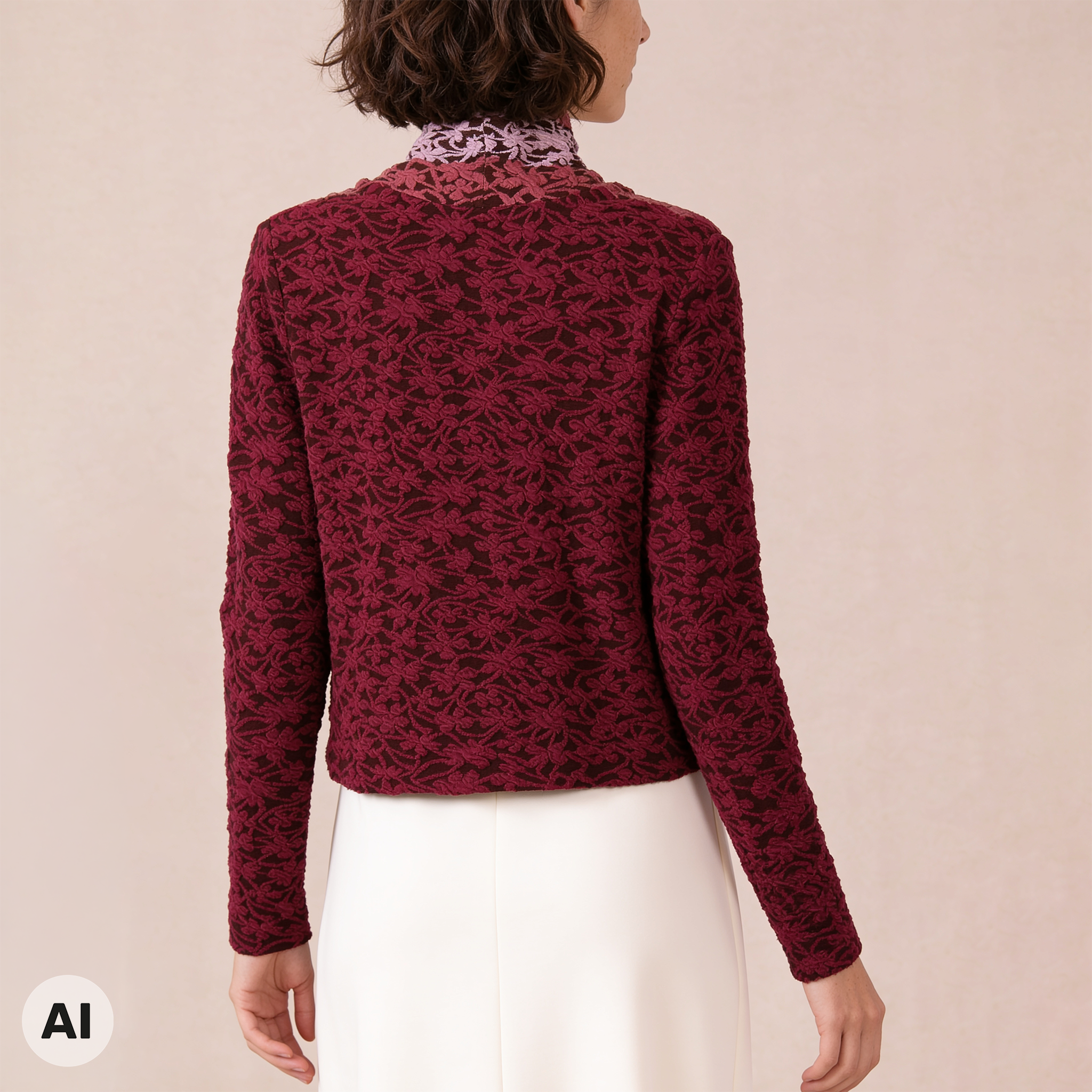 Hüllenjacke rosa – Rückansicht, mit KI bearbeitet