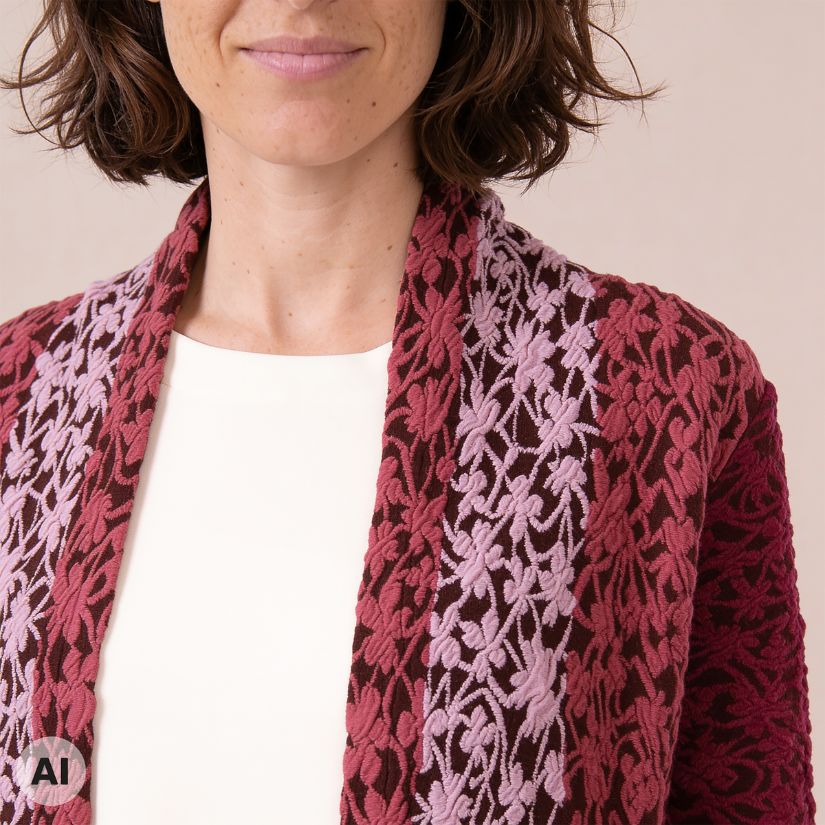 Hüllenjacke rosa – Detailansicht, mit KI bearbeitet