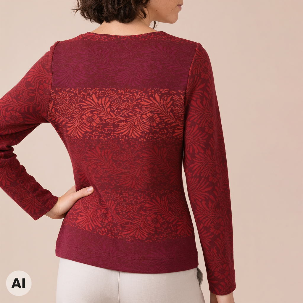 klassischer Pullover rot – Rückansicht, mit KI bearbeitet
