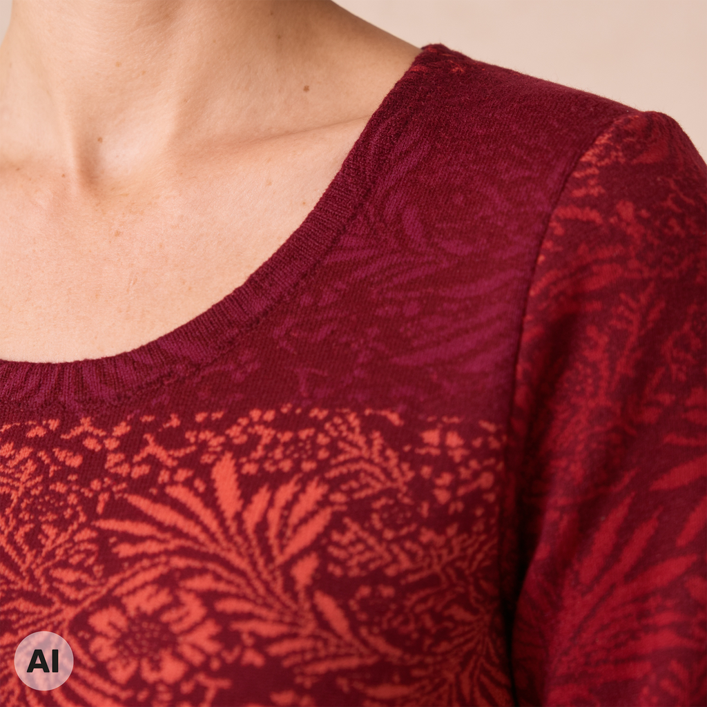 klassischer Pullover rot – Detailansicht, mit KI bearbeitet