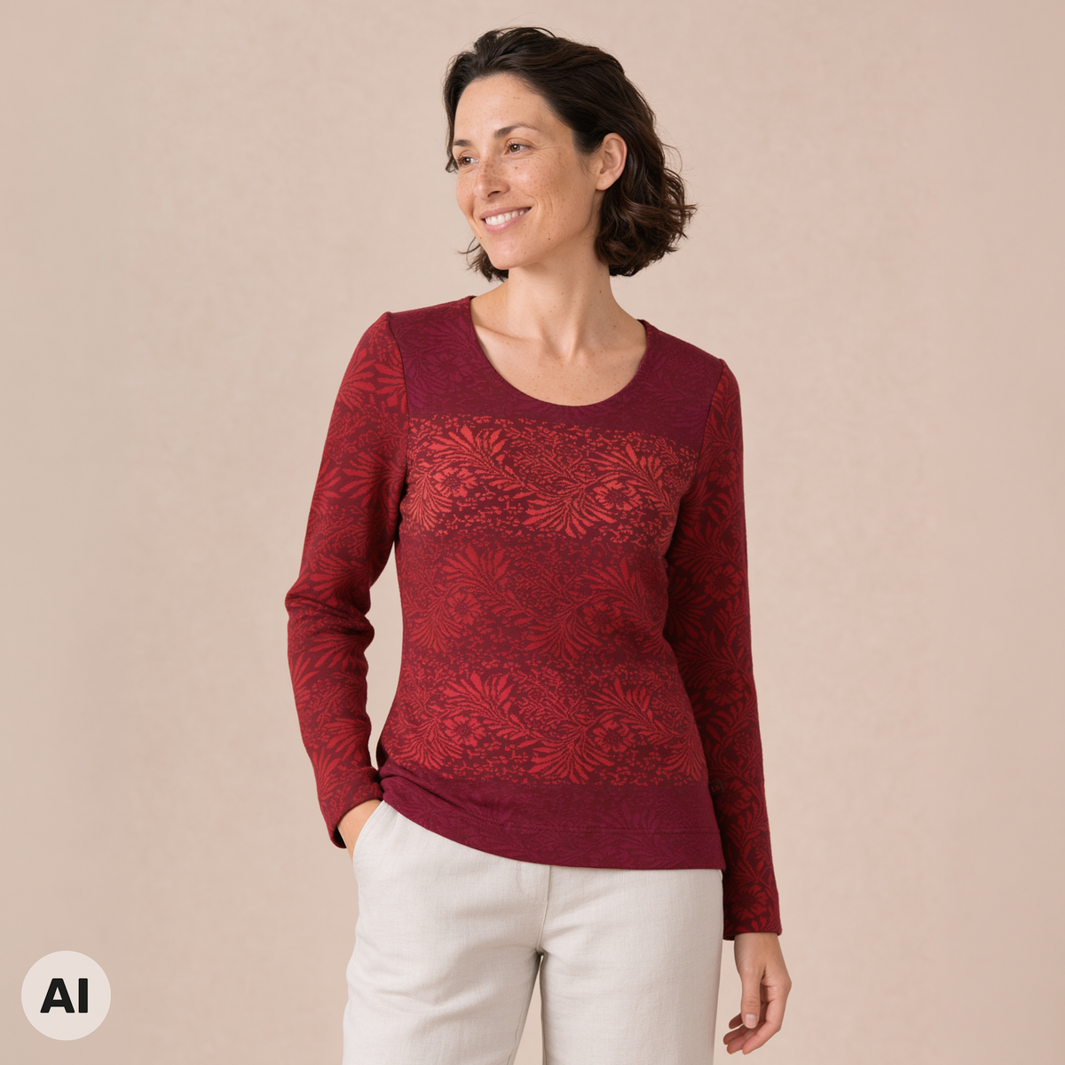 klassischer Pullover rot – Vorderansicht, mit KI bearbeitet