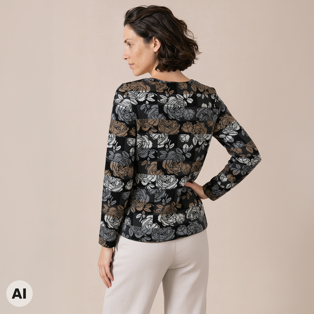 klassischer Pullover schwarz – Rückansicht, mit KI bearbeitet