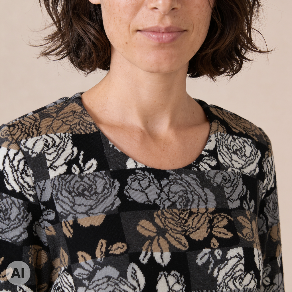 klassischer Pullover schwarz – Detailansicht, mit KI bearbeitet