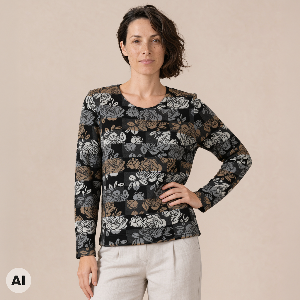 klassischer Pullover schwarz – Vorderansicht, mit KI bearbeitet