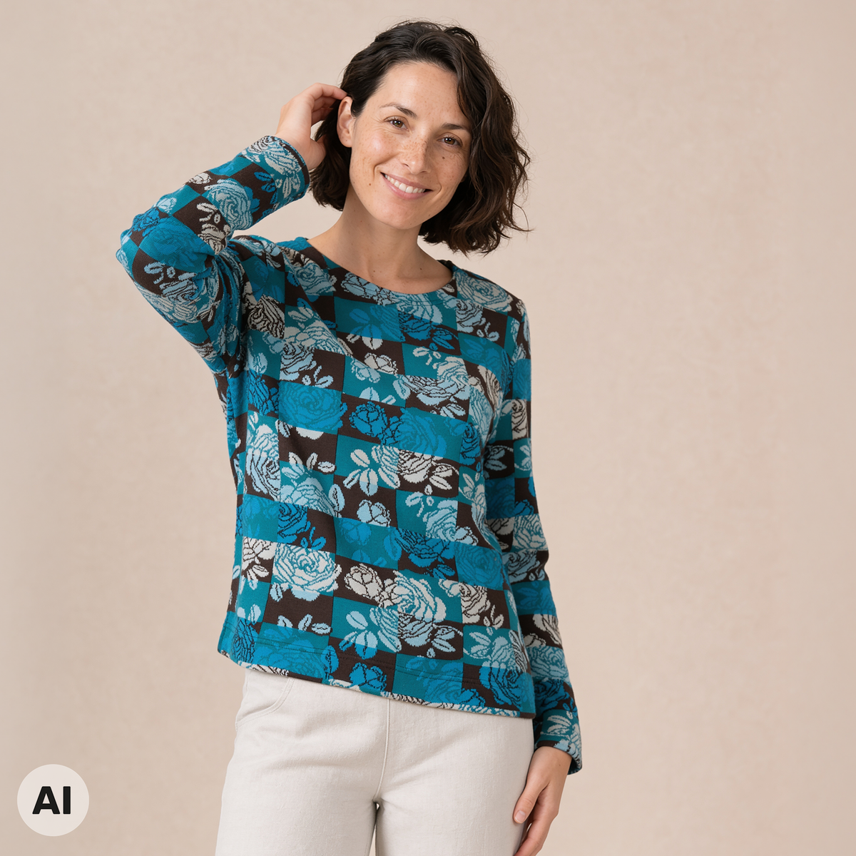 klassischer Pullover braun – Vorderansicht, mit KI bearbeitet