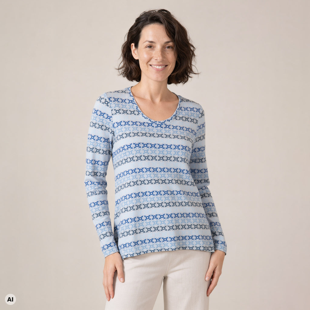A-Linienpullover blau – Vorderansicht, mit KI bearbeitet