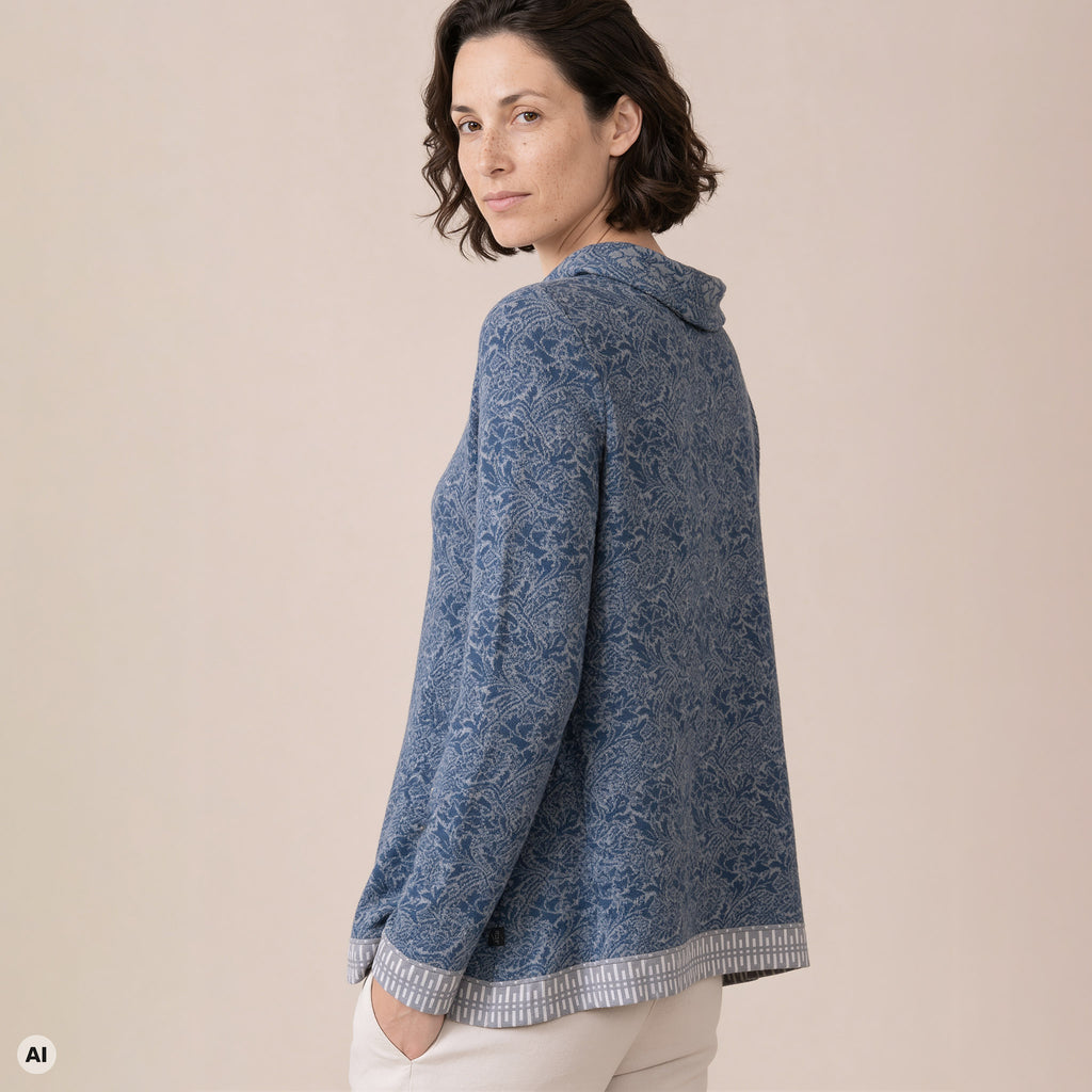 A-Linienpullover blau – Rückansicht, mit KI bearbeitet