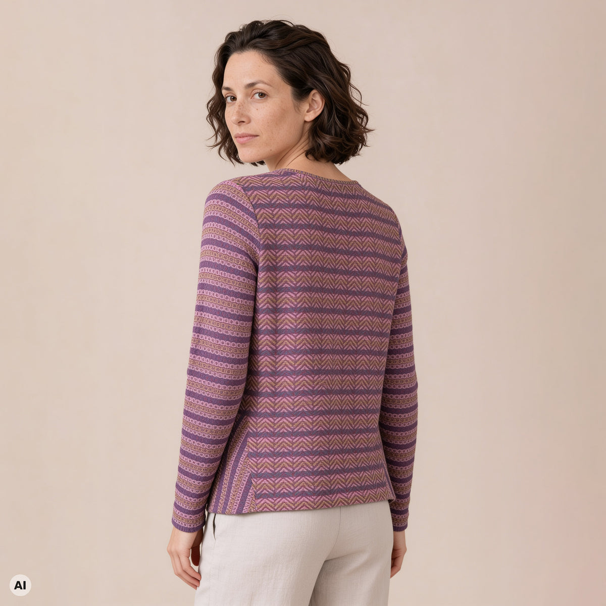 A-Linienpullover rosa – Rückansicht, mit KI bearbeitet