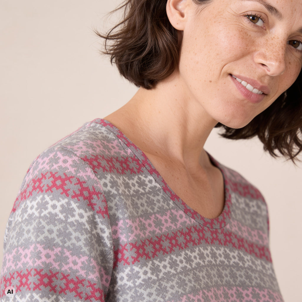 A-Linienpullover rosa – Detailansicht, mit KI bearbeitet