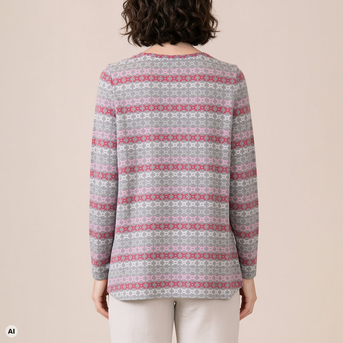 A-Linienpullover rosa – Rückansicht, mit KI bearbeitet