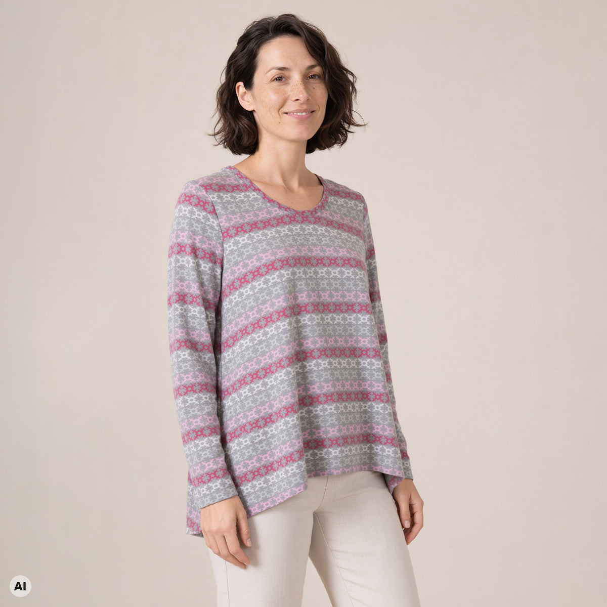 A-Linienpullover rosa – Vorderansicht, mit KI bearbeitet