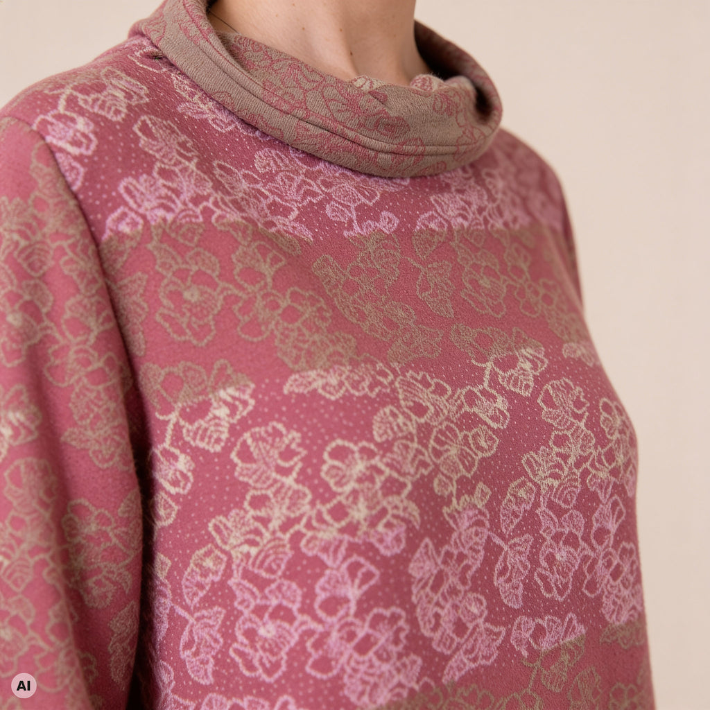 A-Linienpullover rosa – Detailansicht, mit KI bearbeitet