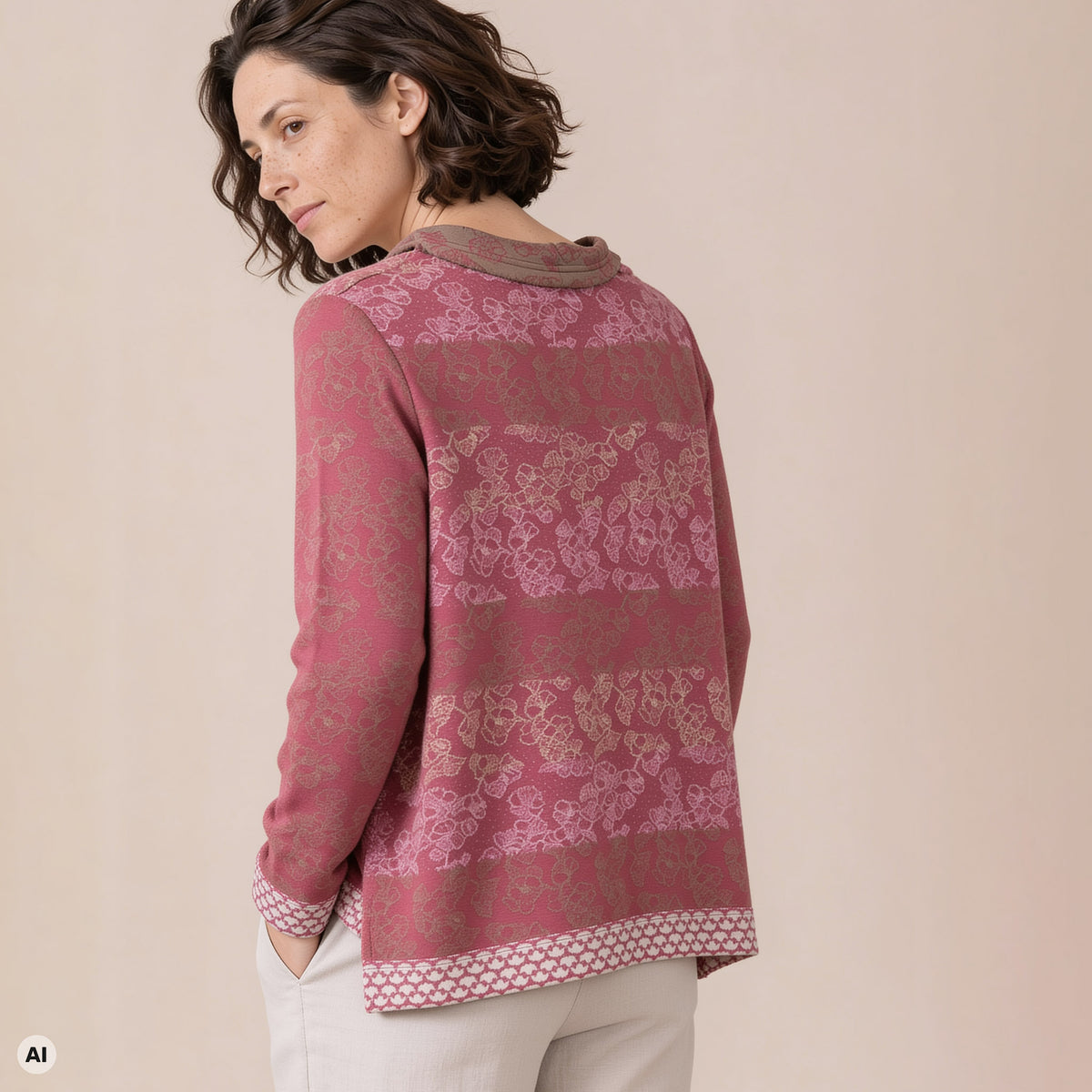 A-Linienpullover rosa – Rückansicht, mit KI bearbeitet
