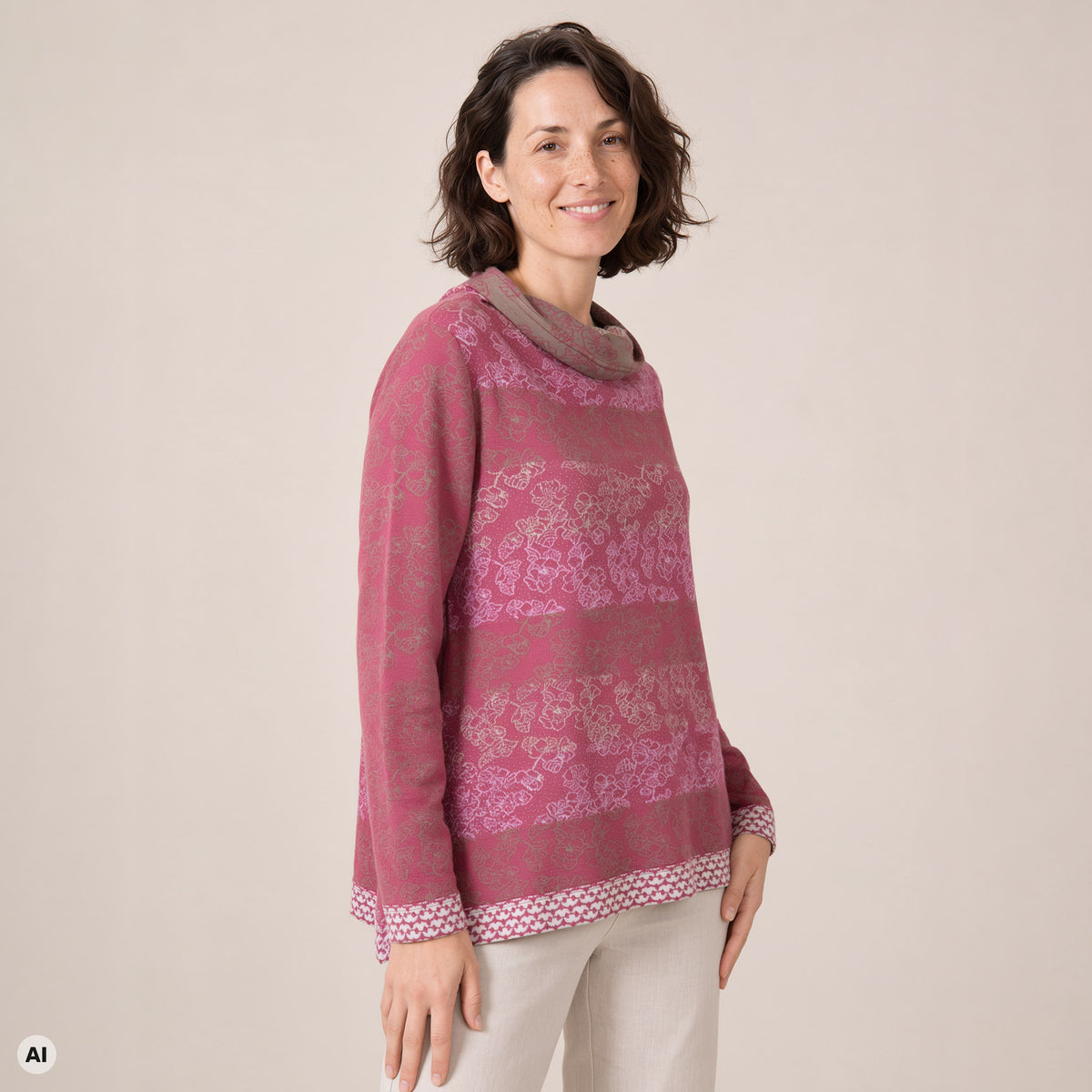 A-Linienpullover rosa – Vorderansicht, mit KI bearbeitet