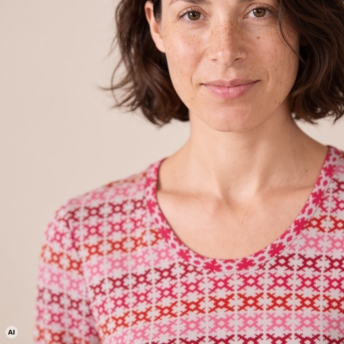 A-Linienpullover rot – Detailansicht, mit KI bearbeitet
