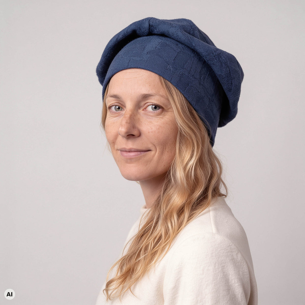 Baskenmütze blau – Nahaufnahme, mit KI bearbeitet