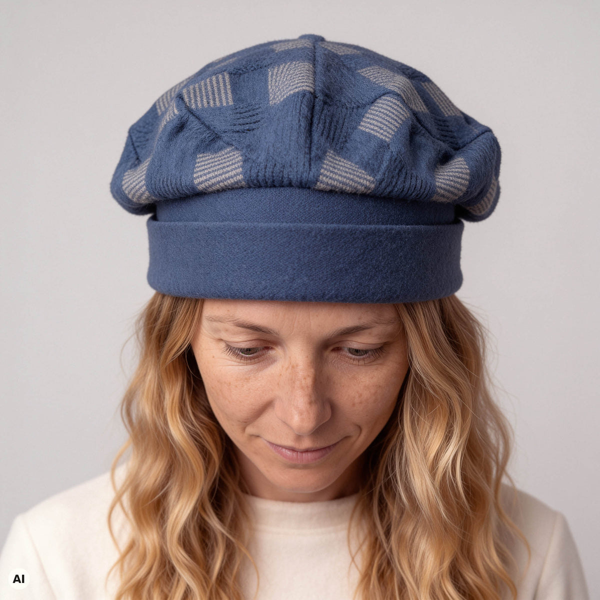 Baskenmütze blau – Detailansicht, mit KI bearbeitet