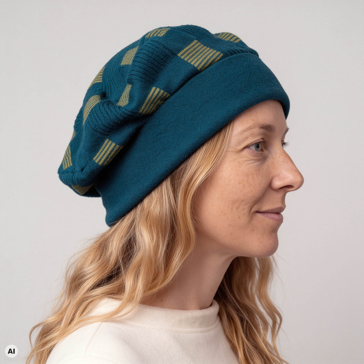 Baskenmütze petrol – Nahaufnahme, mit KI bearbeitet