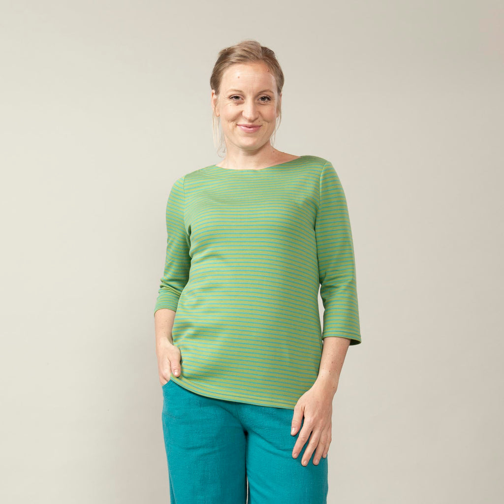 U-Bootshirt mit 3/4-Arm – Ringel