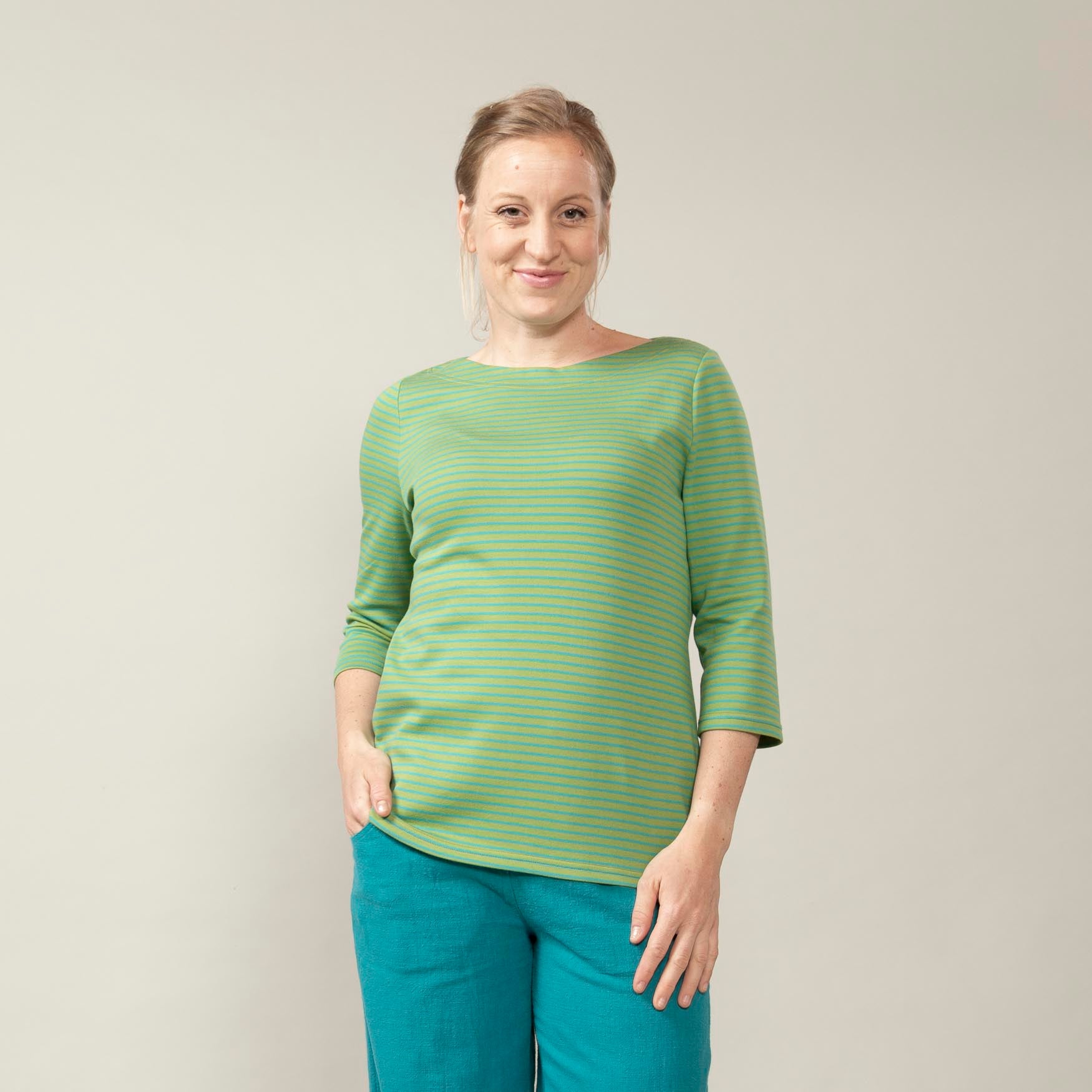 U-Bootshirt mit 3/4-Arm – Ringel