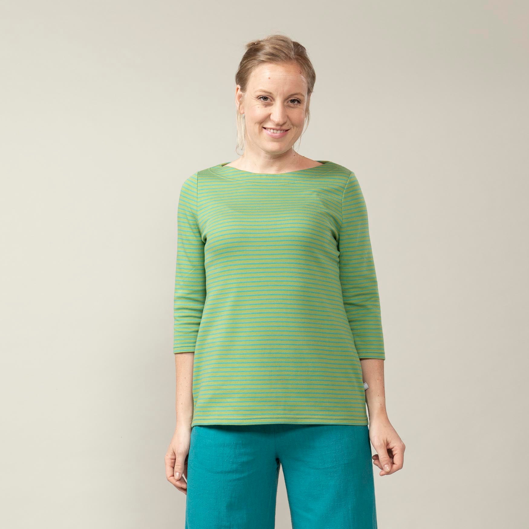 U-Bootshirt mit 3/4-Arm – Ringel