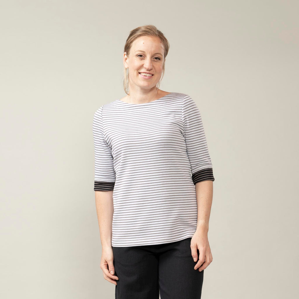 U-Bootshirt mit 3/4-Arm – Ringel