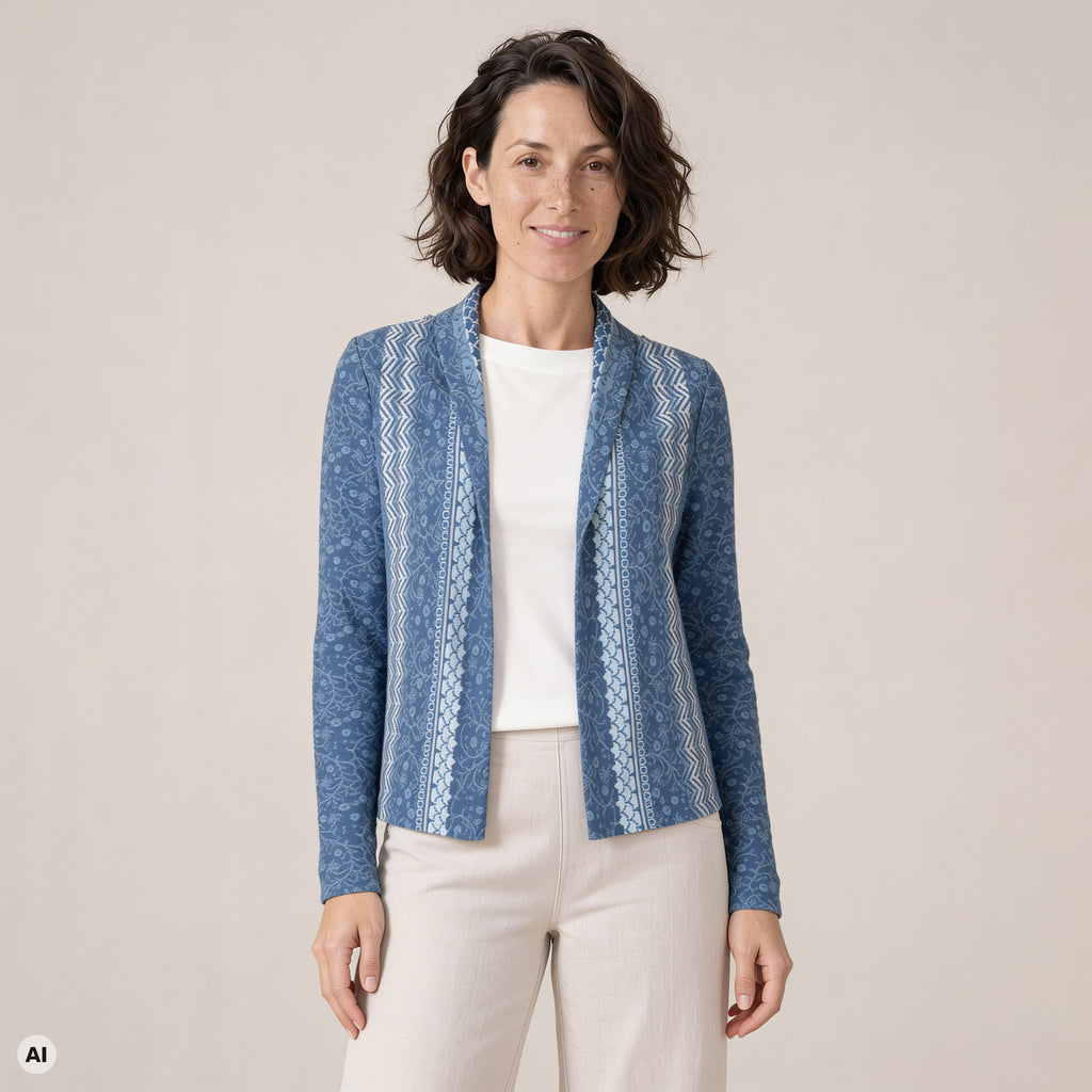 Hüllenjacke blau – Vorderansicht, mit KI bearbeitet