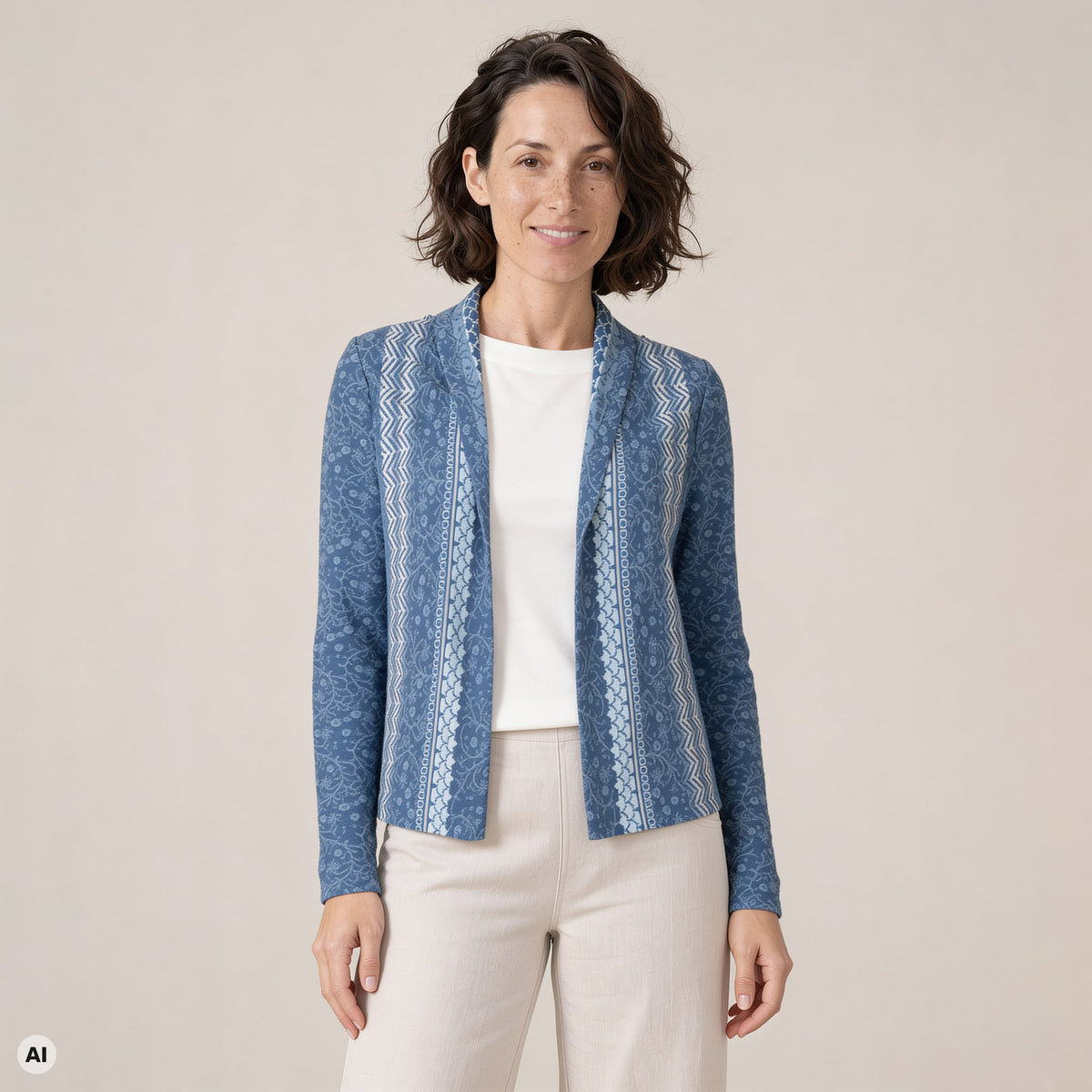 Hüllenjacke blau – Vorderansicht, mit KI bearbeitet