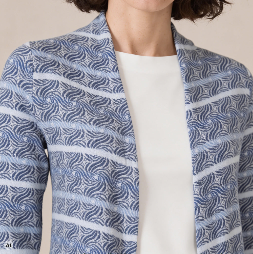 Hüllenjacke blau – Detailansicht, mit KI bearbeitet