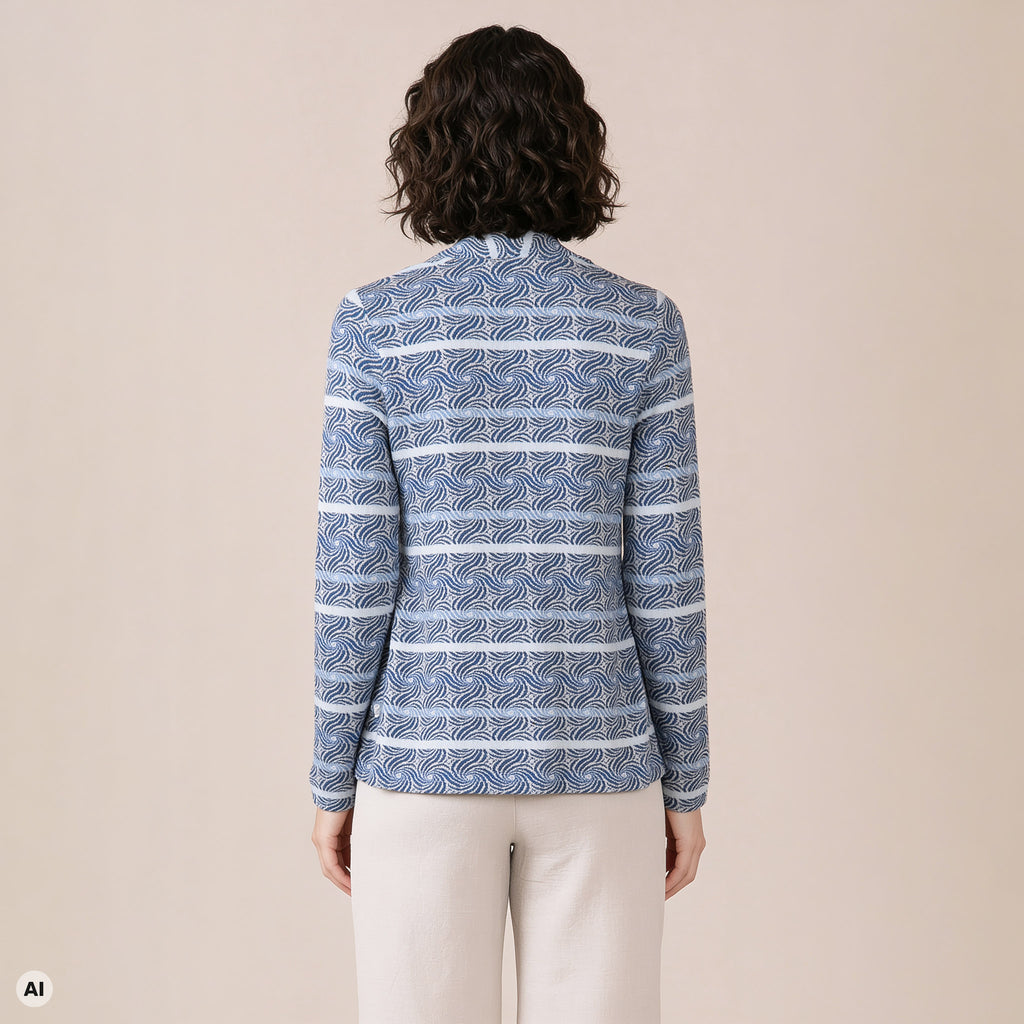 Hüllenjacke blau – Rückansicht, mit KI bearbeitet