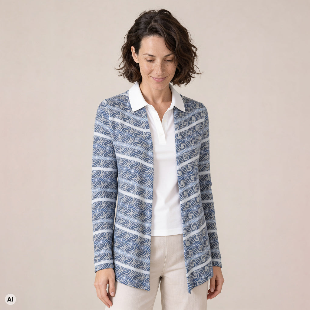 Hüllenjacke blau – Vorderansicht, mit KI bearbeitet