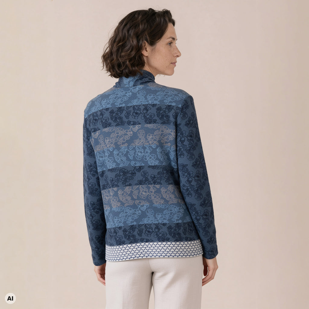 Hüllenjacke blau – Rückansicht, mit KI bearbeitet