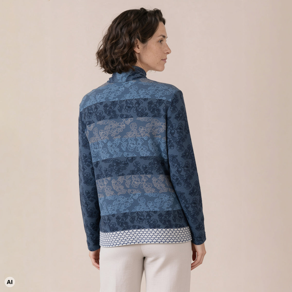 Hüllenjacke blau – Rückansicht, mit KI bearbeitet