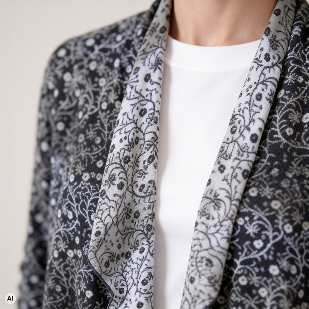 Hüllenjacke grau – Detailansicht, mit KI bearbeitet