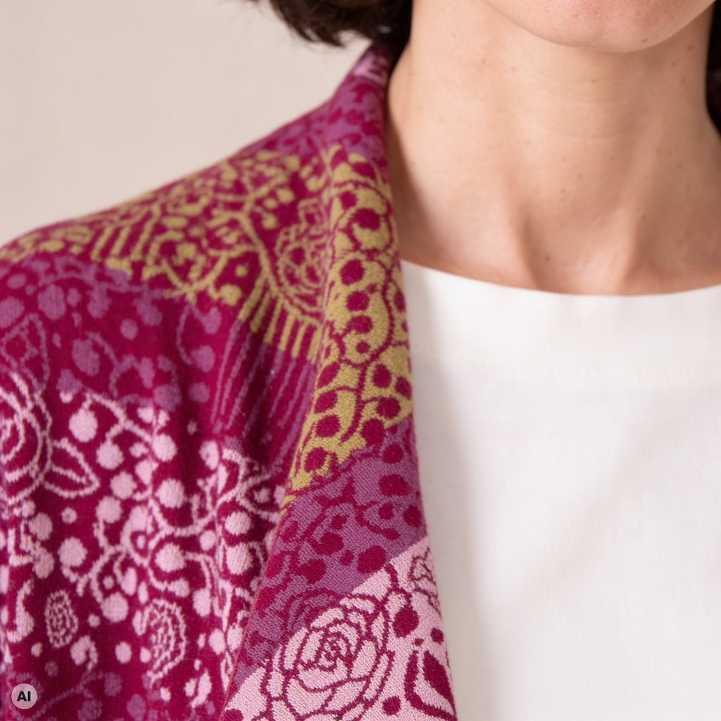 Hüllenjacke pink – Detailansicht, mit KI bearbeitet