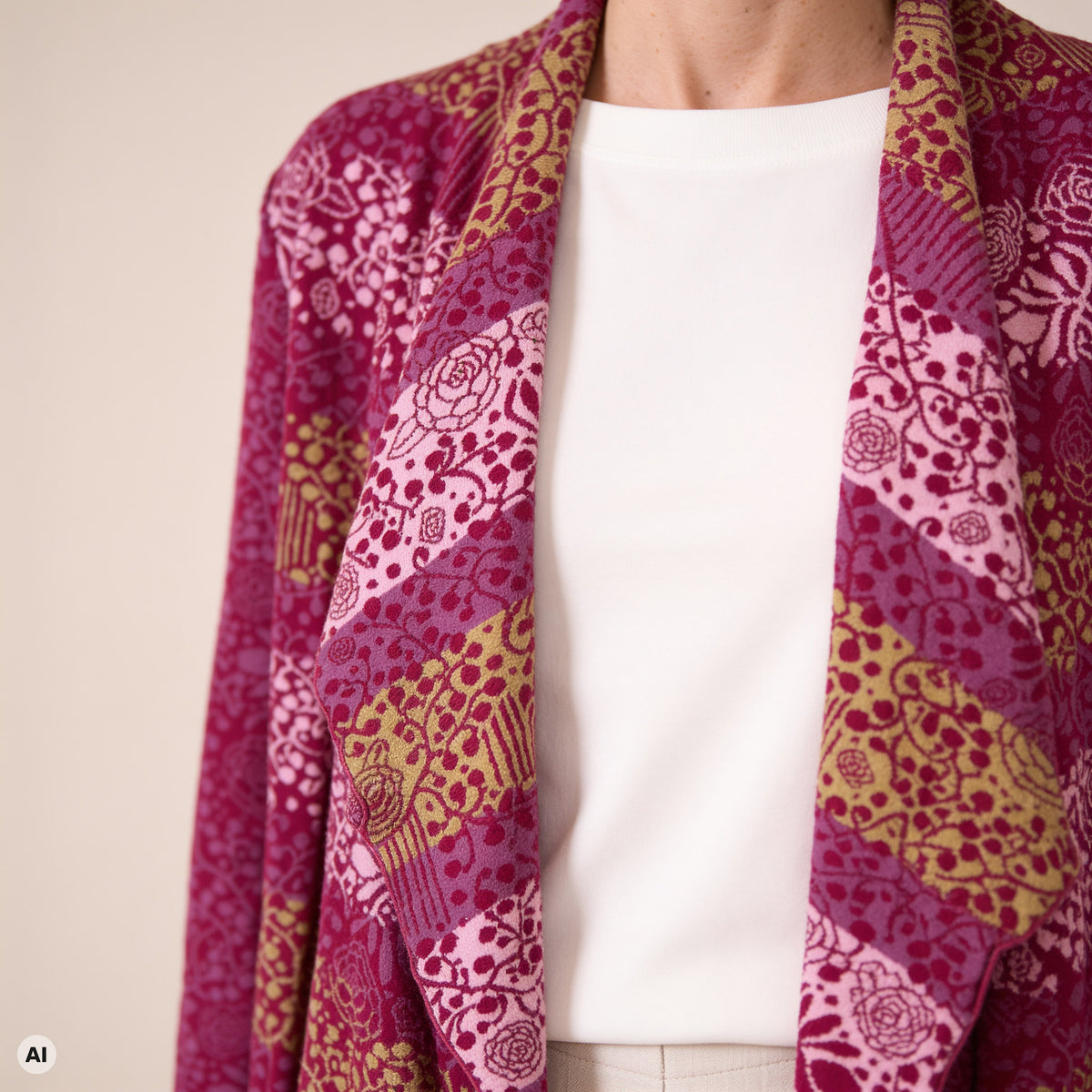 Hüllenjacke pink – Detailansicht, mit KI bearbeitet