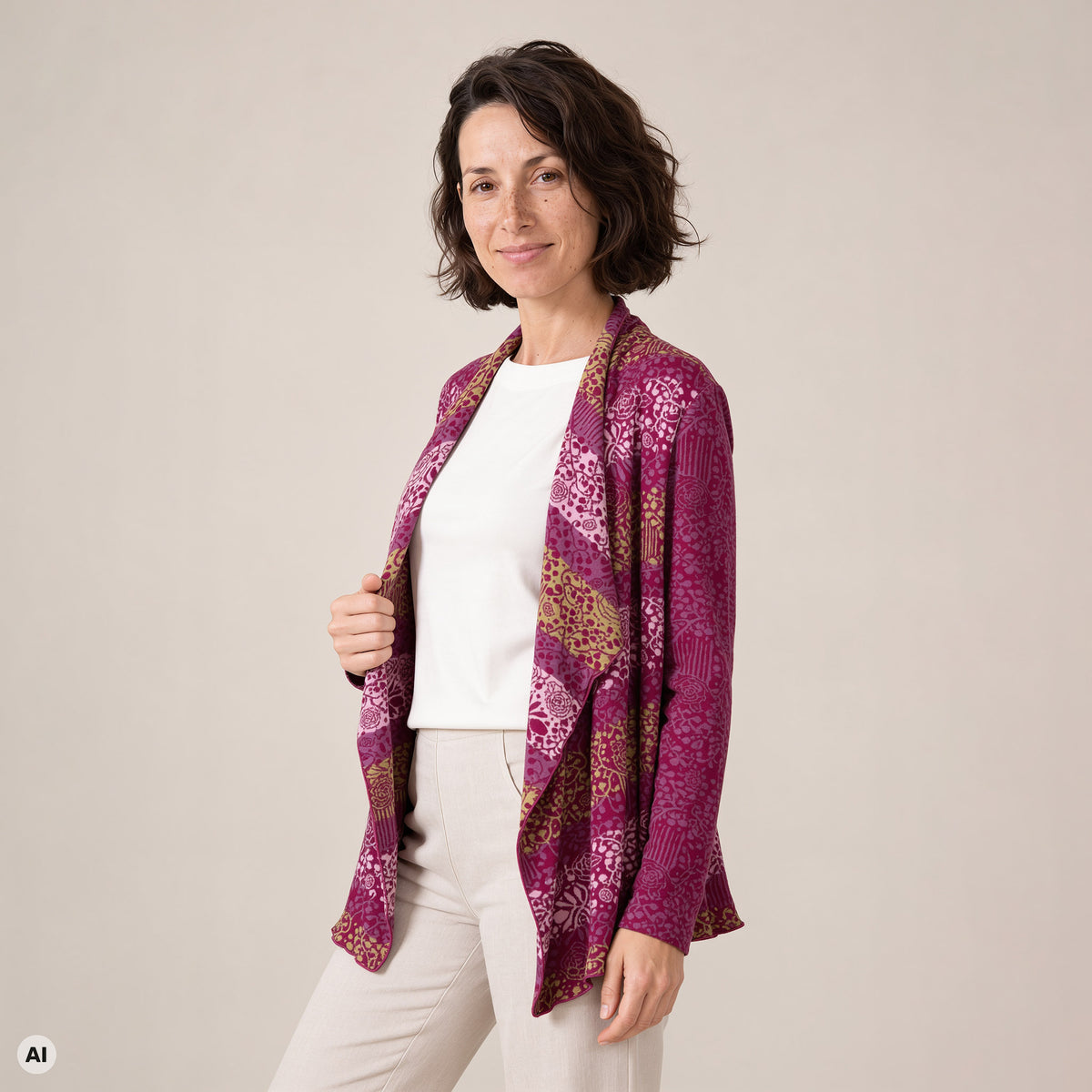 Hüllenjacke pink – Vorderansicht, mit KI bearbeitet