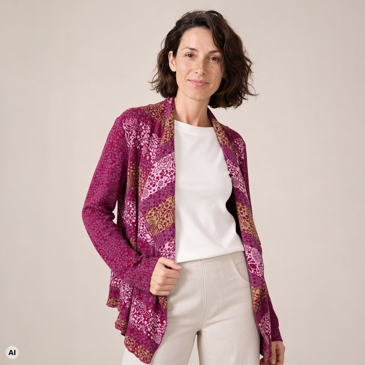 Hüllenjacke pink – Vorderansicht, mit KI bearbeitet