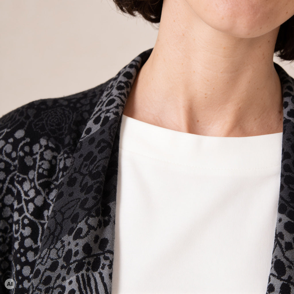 Hüllenjacke schwarz – Detailansicht, mit KI bearbeitet