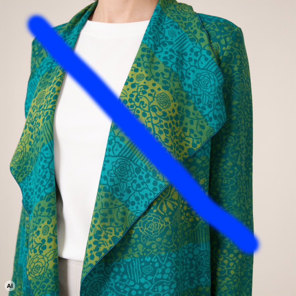 Hüllenjacke türkis – Detailansicht, mit KI bearbeitet