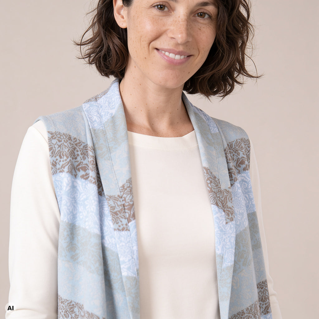 Hüllenweste blau – Detailansicht, mit KI bearbeitet