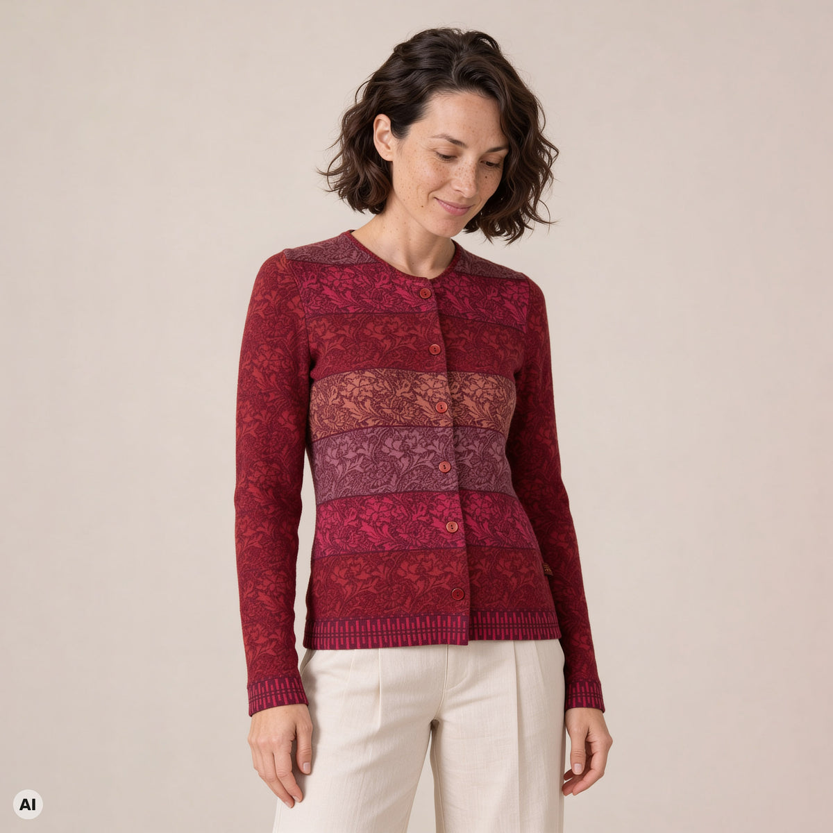 Jacke mit Falte rot – Vorderansicht, mit KI bearbeitet