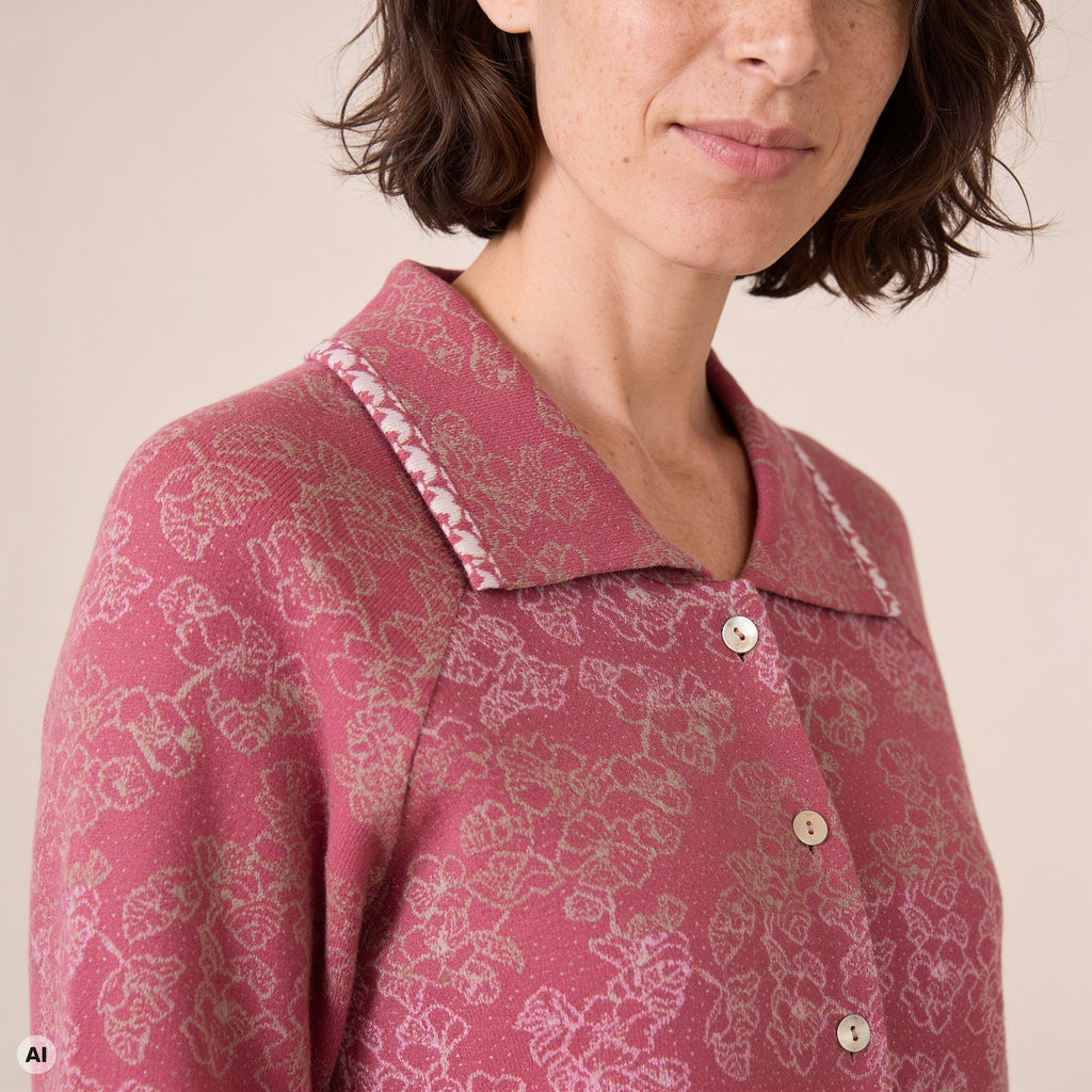 Jacke mit Kragen rosa – Detailansicht, mit KI bearbeitet