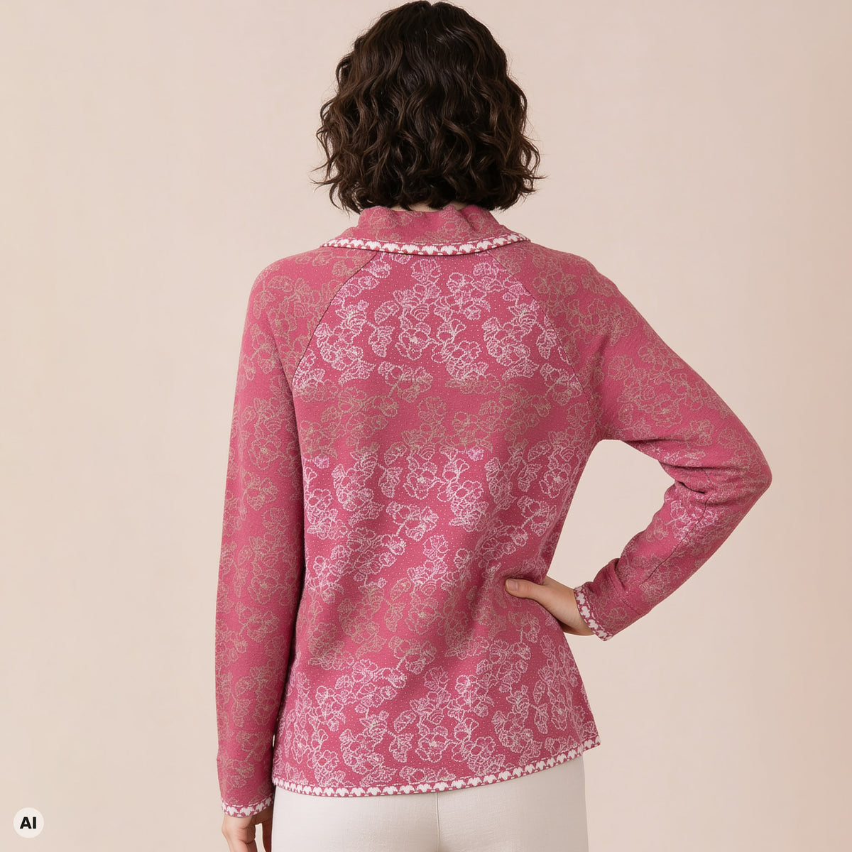 Jacke mit Kragen rosa – Rückansicht, mit KI bearbeitet