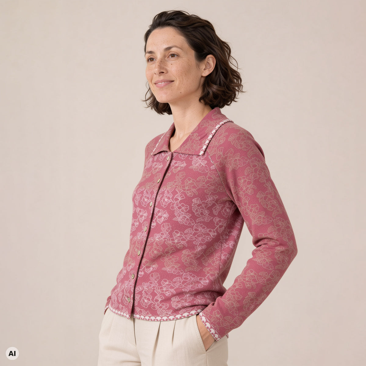 Jacke mit Kragen rosa – Vorderansicht, mit KI bearbeitet