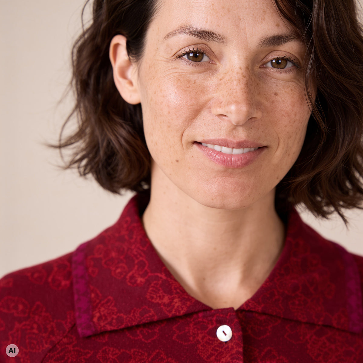 Jacke mit Kragen rot – Detailansicht, mit KI bearbeitet