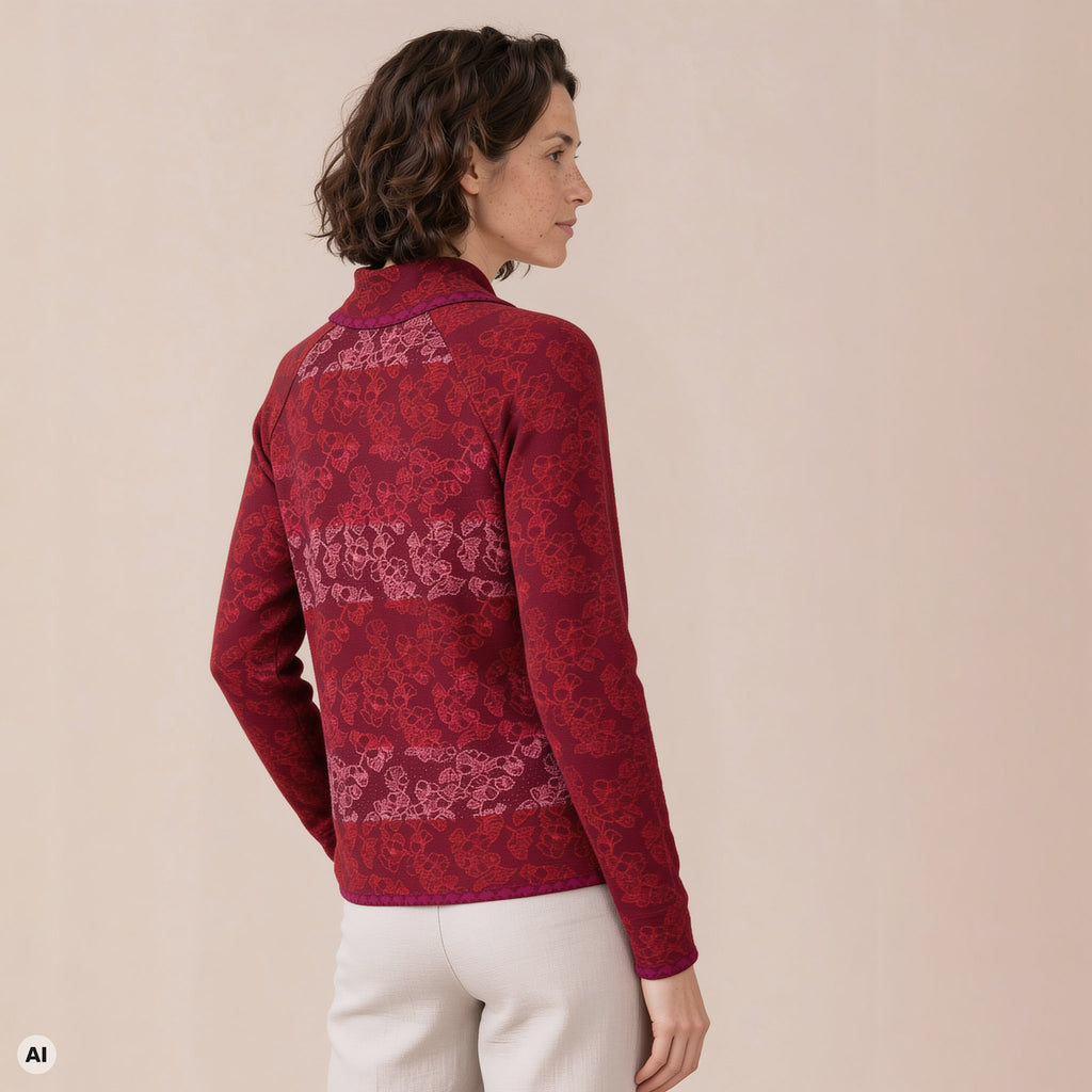 Jacke mit Kragen rot – Rückansicht, mit KI bearbeitet