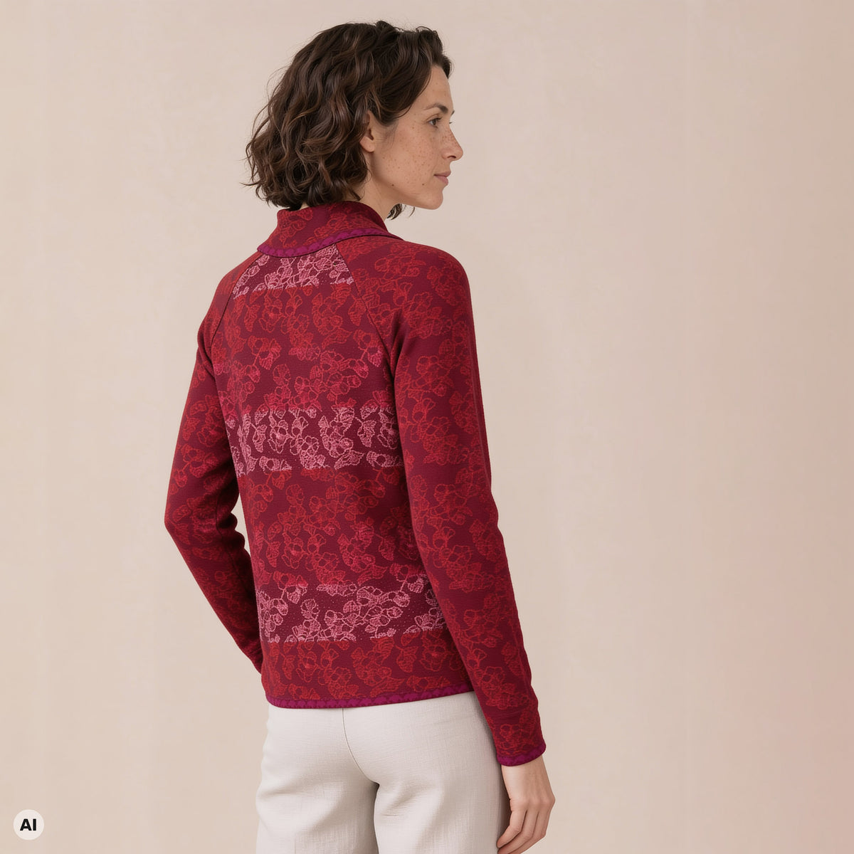 Jacke mit Kragen rot – Rückansicht, mit KI bearbeitet